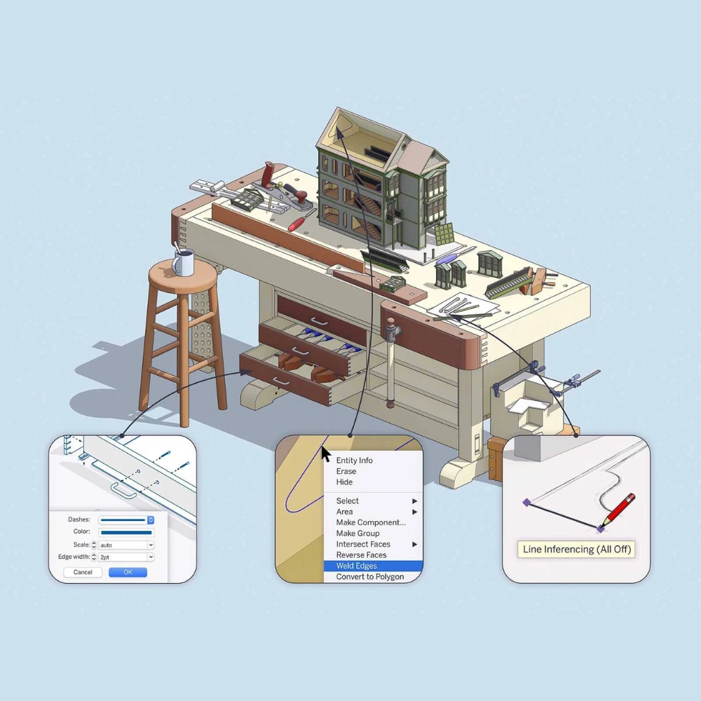 Ilustração de bancada de trabalho com ferramentas e recursos do SketchUp