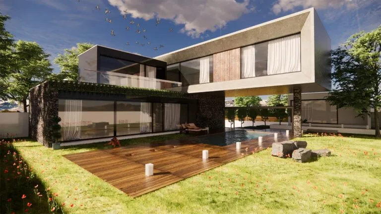 Projeto renderizado no SketchUp usando os blocos da biblioteca